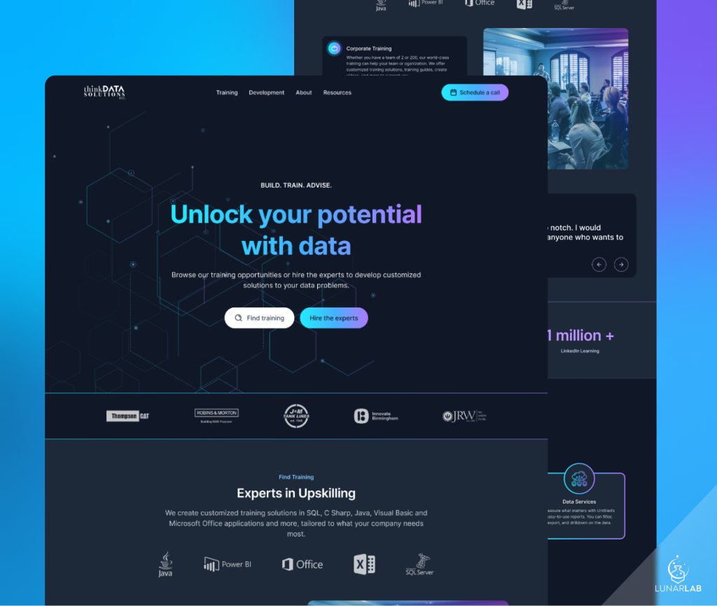 Website homepage with a dark theme, blue accents, and a headline about unlocking potential with data, featuring a video thumbnail and icons.