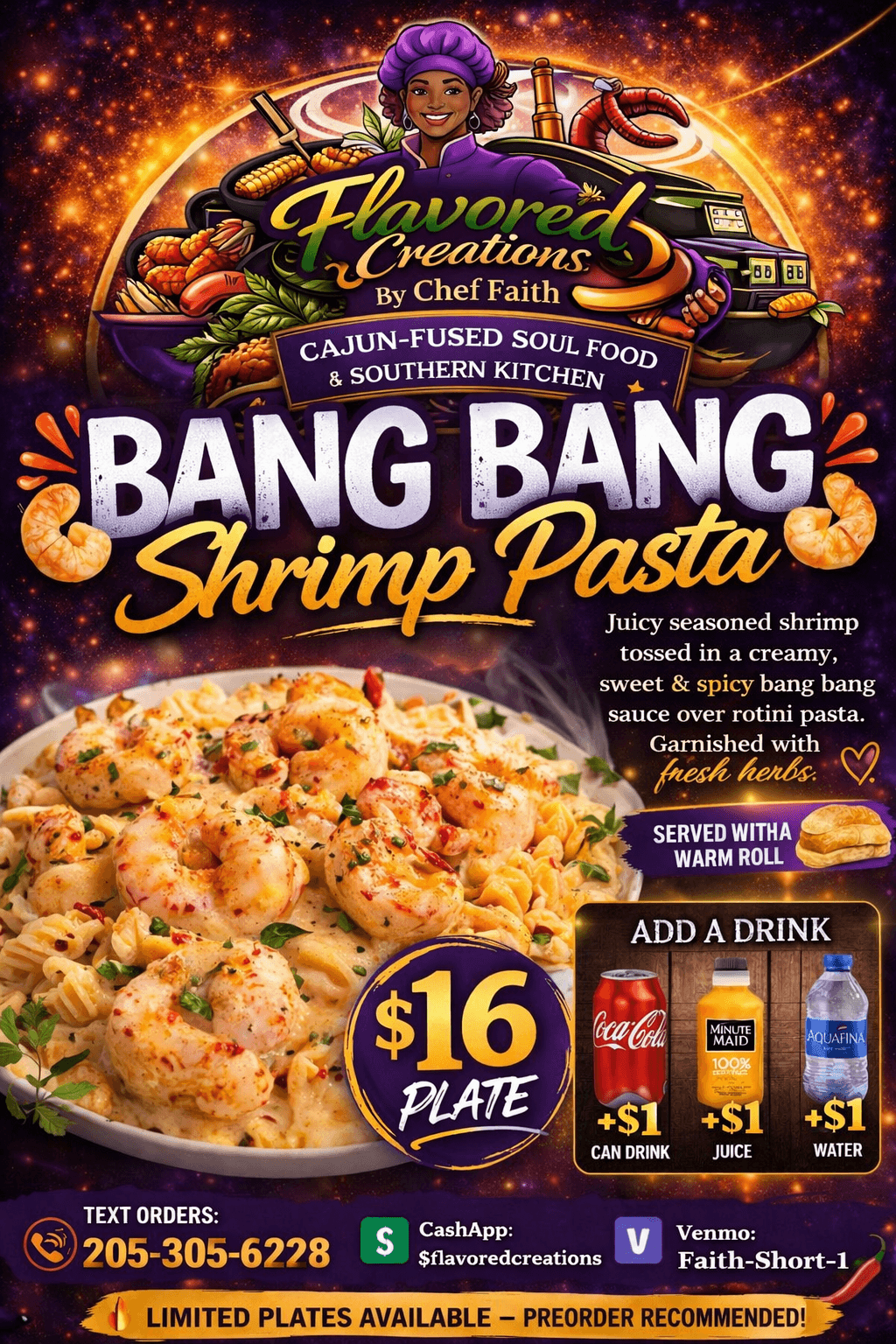 Promotional poster for Bang Bang Shrimp Pasta with a large shrimp dish, colorful background, and text about the meal and price.