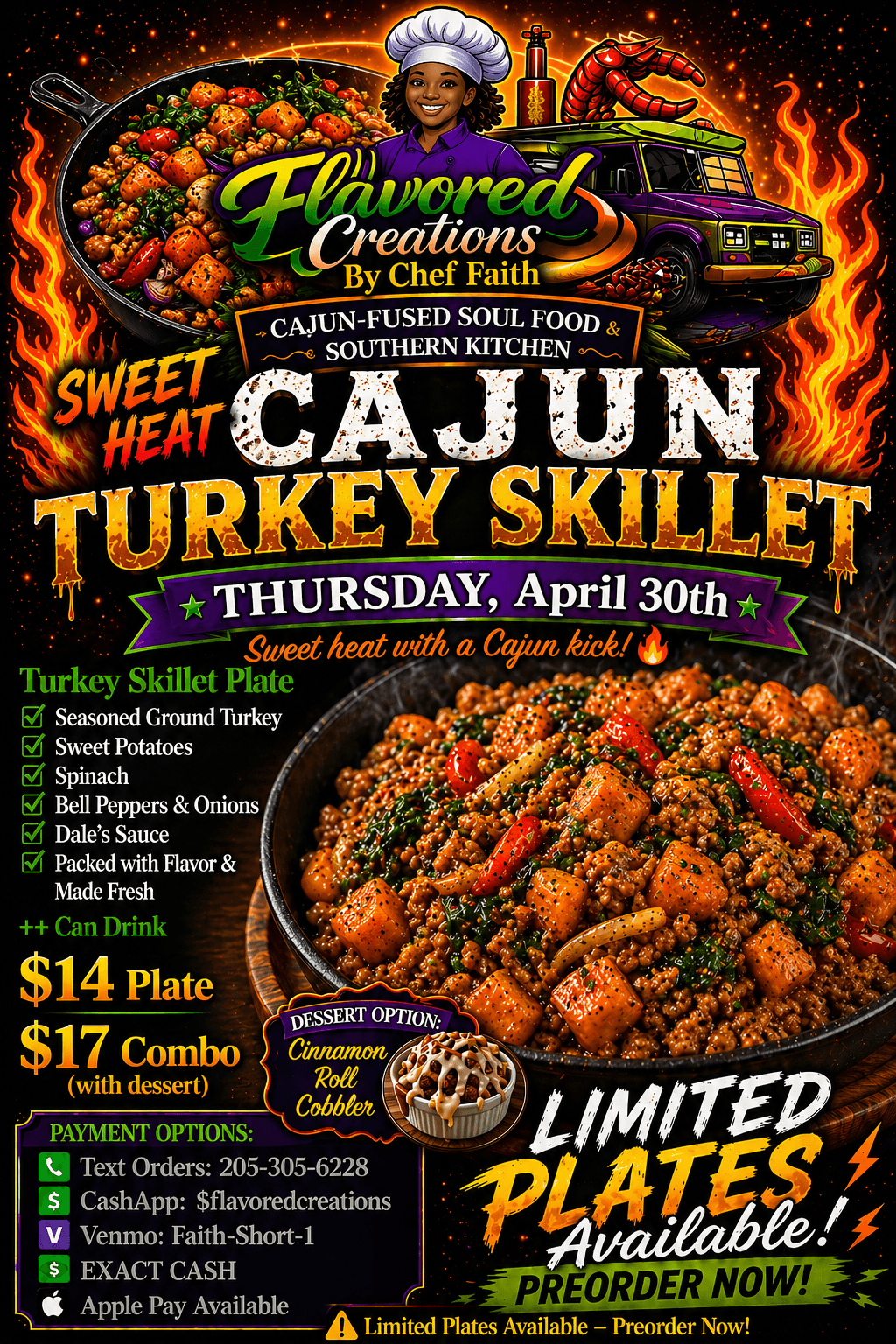Colorful menu poster for Cajun turkey skillet with vegetables, rice, and sides, featuring flames and bold text, with a plate of food.
