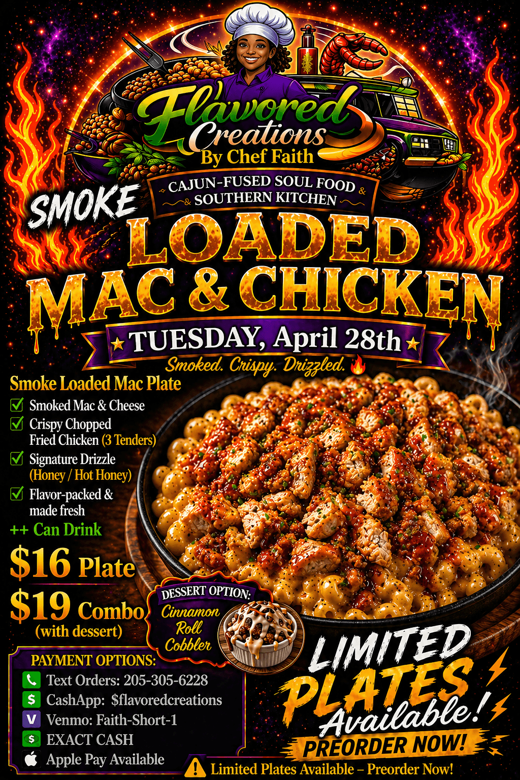 Promotional poster for loaded mac and chicken dish, featuring a person in a chef hat, with text about the event and menu.