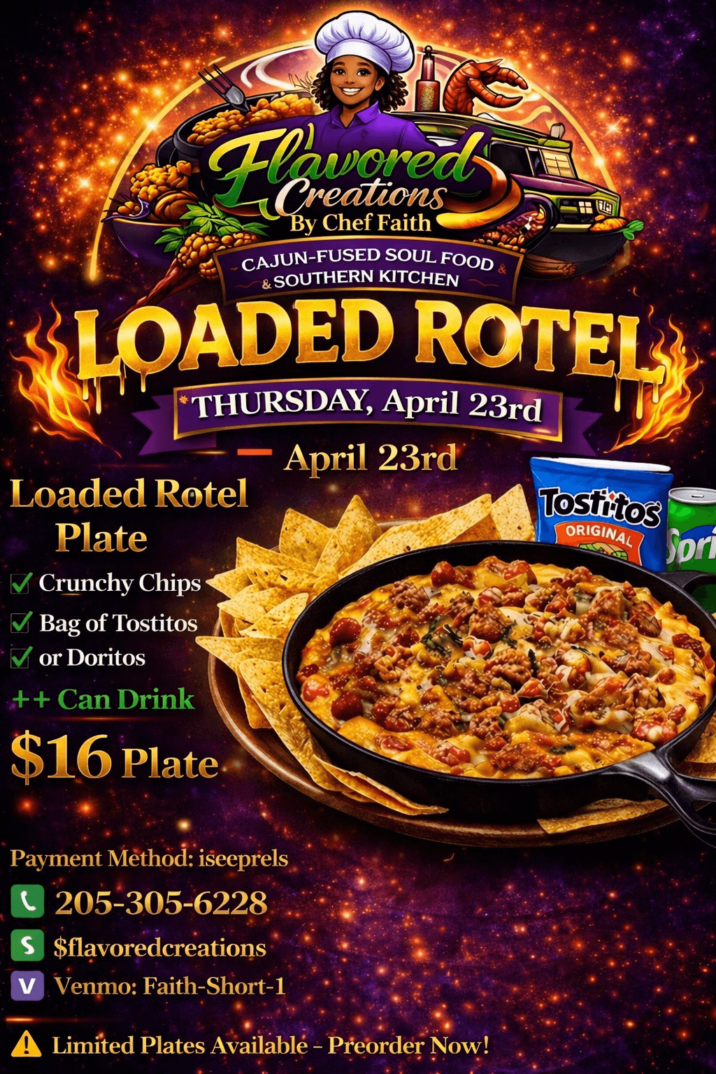 Event poster for Loaded Rote! Cajun-fused soul food, April 23rd, with a plate of seasoned food, Tostitos, and contact details.
