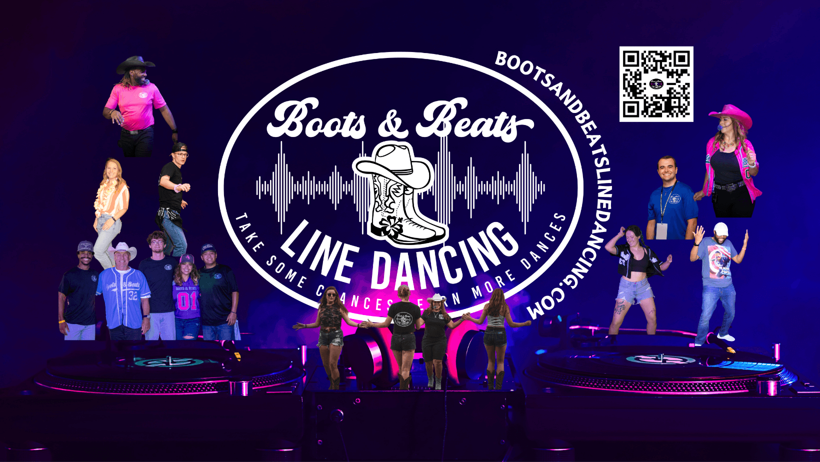 Group of people on stage with a circular logo reading 'Boots & Beats Line Dancing' and a QR code, illuminated by purple and blue lights.
