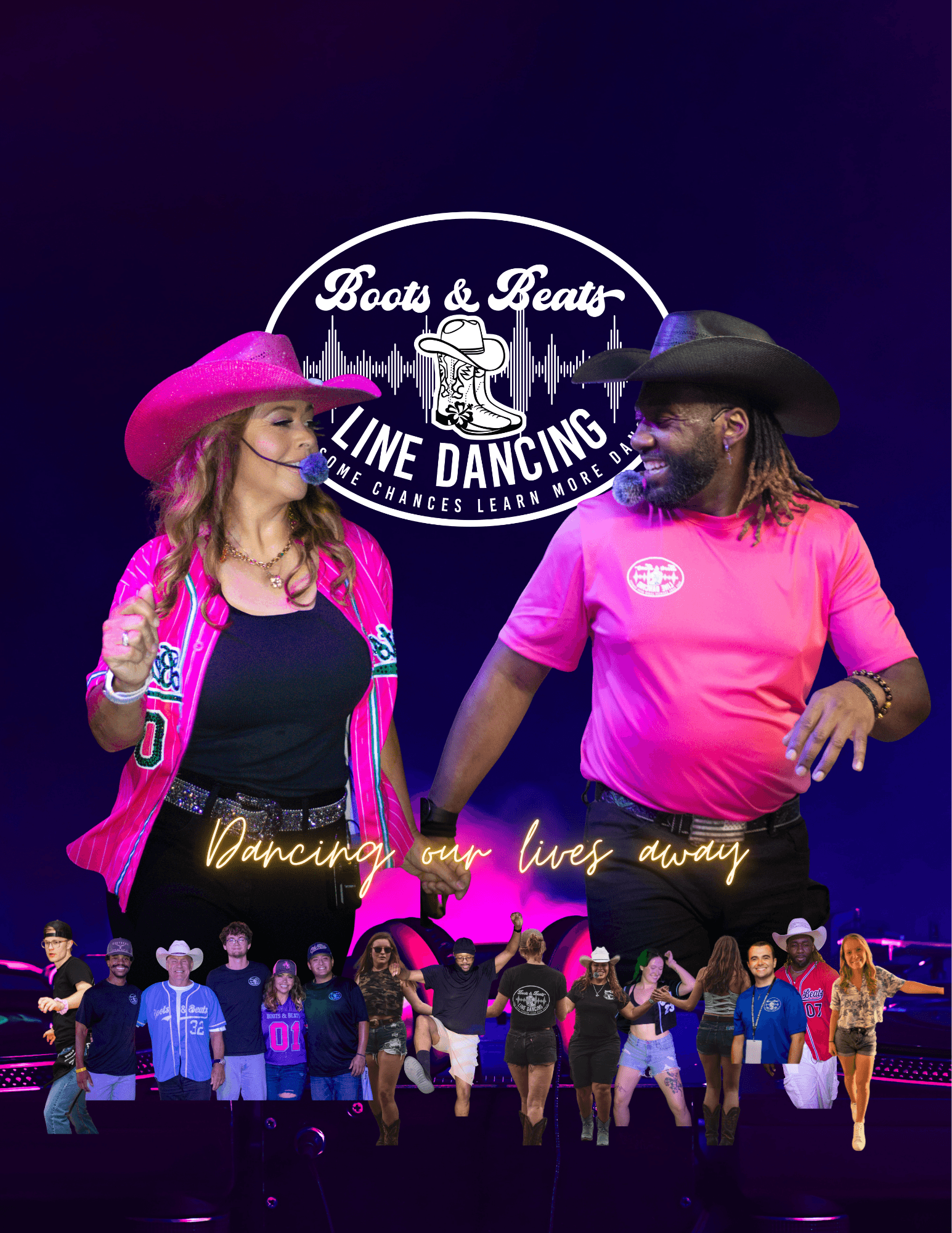 Two people in cowboy hats and pink shirts holding hands, with a group of dancers below and a logo above, on a dark background.